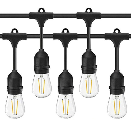 Close-up of black patio string lights with clear bulbs showing how to hang patio string lights