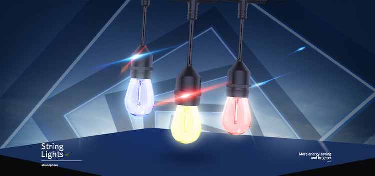 Best LED lights collection featuring colorful hanging string bulbs in modern geometric setting