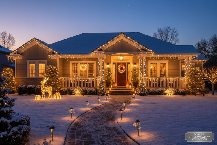 Beautifully decorated home featuring glowing Christmas String Lights and holiday decorations in a snowy setting