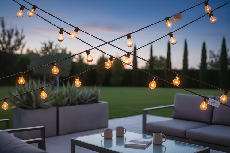 String lights collection enhancing outdoor space with warm, charming illumination at dusk
