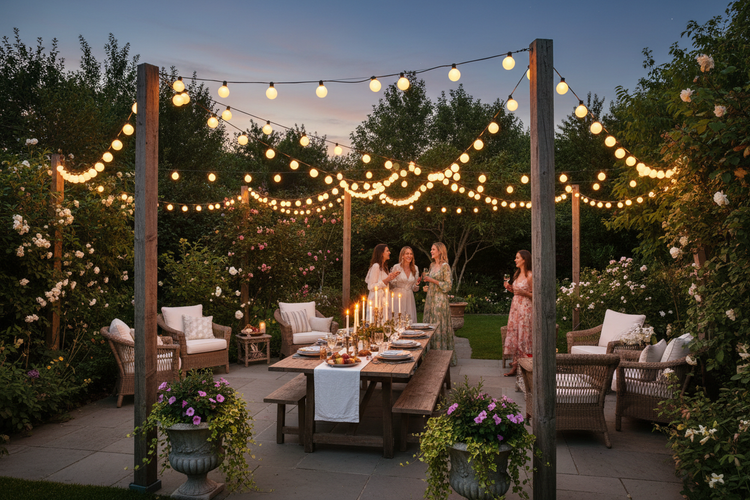 Outdoor evening gathering with G40 LED String Lights illuminating a decorated table and guests