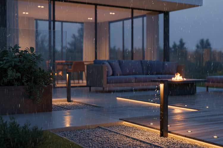 Cozy outdoor setting featuring IP65 waterproof string lights illuminating a modern patio during rain