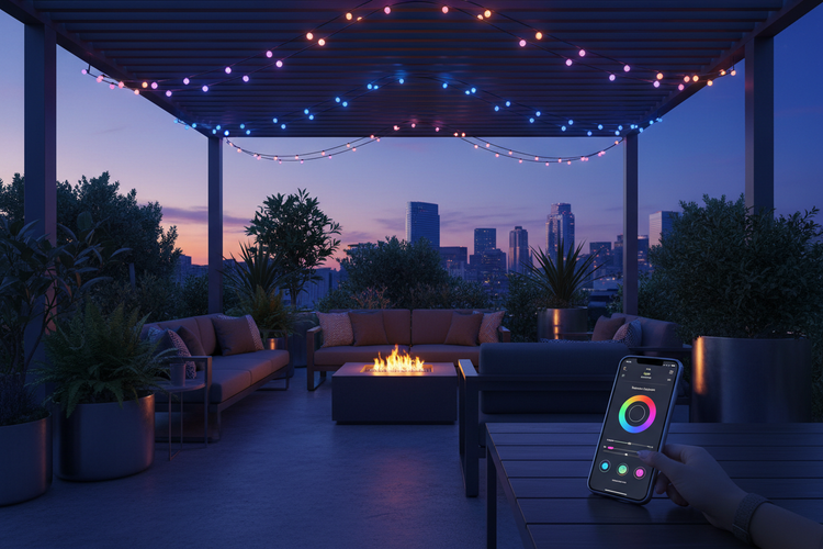 Smart LED String Lights illuminating a stylish outdoor space with adjustable brightness and color options