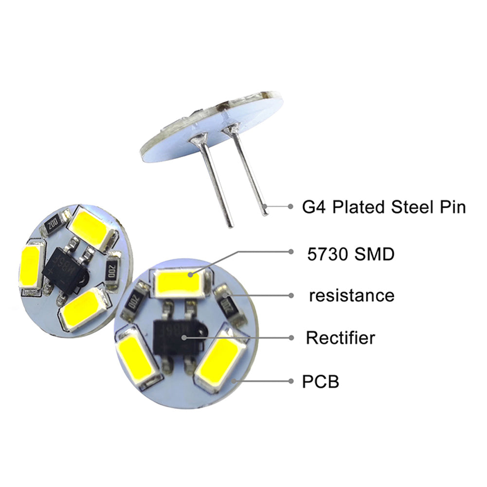 12V G4 Led bulb with 5730 SMD, plated steel pin, resistance, rectifier, and PCB components