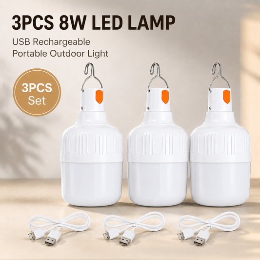3PCS 8W Outdoor USB Rechargeable LED Lamp Bulbs High Brightness Emergency Light Hook Up Camping Fishing Portable Lantern Night Lights