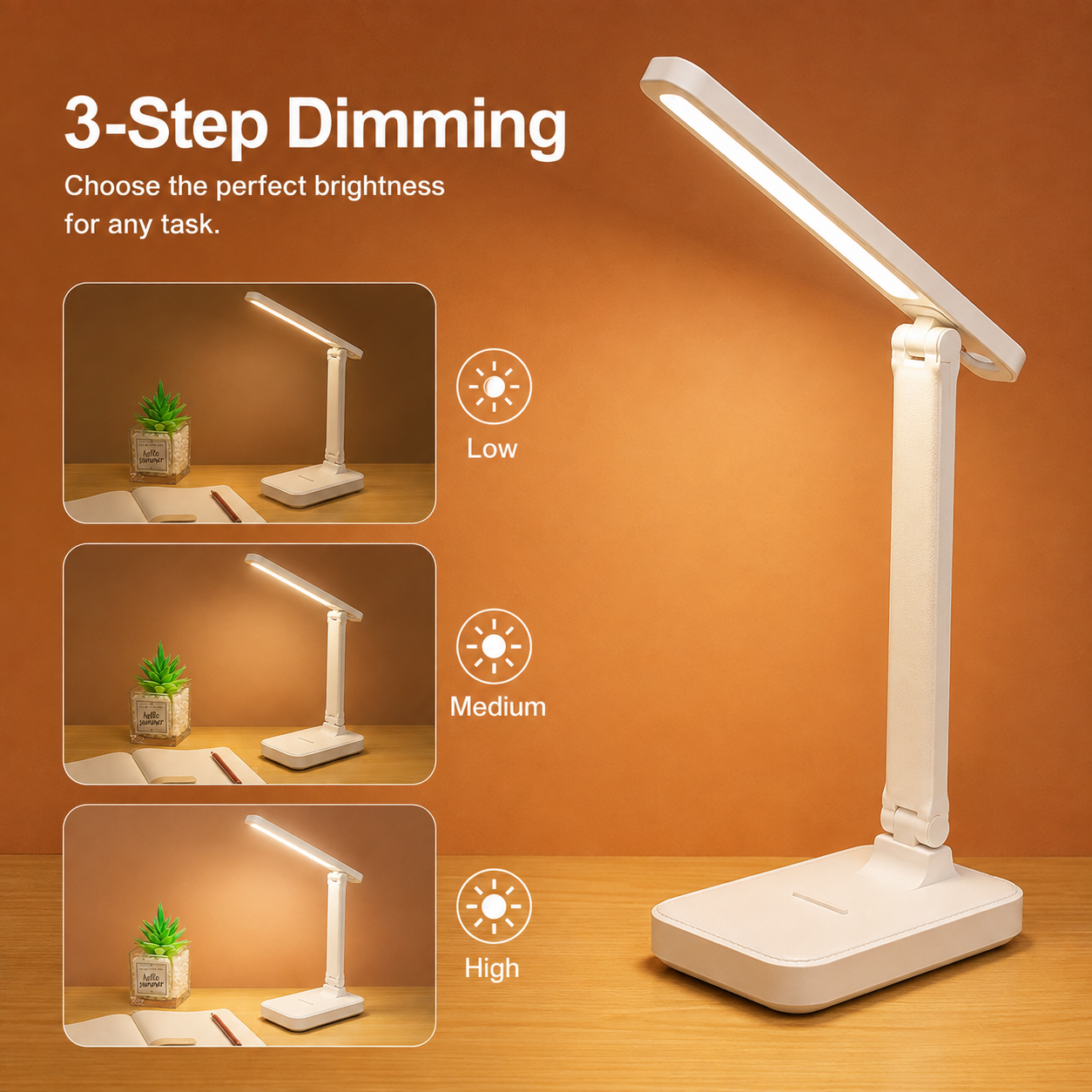 LED Desk Lamp 3 Levels Dimmable Touch Night Light USB 5v Eye Protection Foldable Table Lamp for Bedroom Bedside Desk