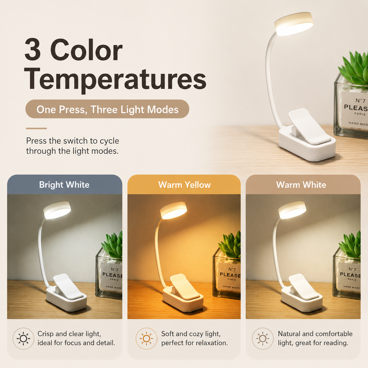 Mini LED Clip-On Reading Light 3 Color Modes Battery Powered Book Light for Bed Reading Study Travel
