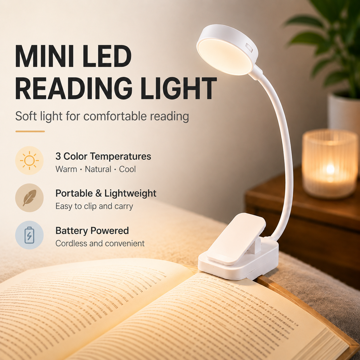 Mini LED Clip-On Reading Light 3 Color Modes Battery Powered Book Light for Bed Reading Study Travel
