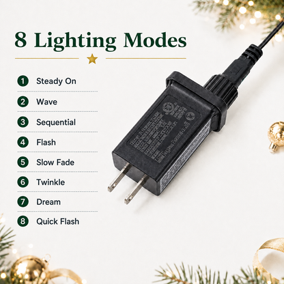 24V-31V LED Christmas Tree Waterfall Lights with Top Ring, 8 Modes Hanging String Lights for Holiday Indoor Outdoor Decoration