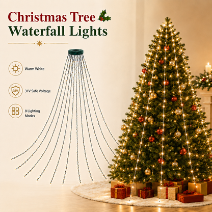 24V-31V LED Christmas Tree Waterfall Lights with Top Ring, 8 Modes Hanging String Lights for Holiday Indoor Outdoor Decoration