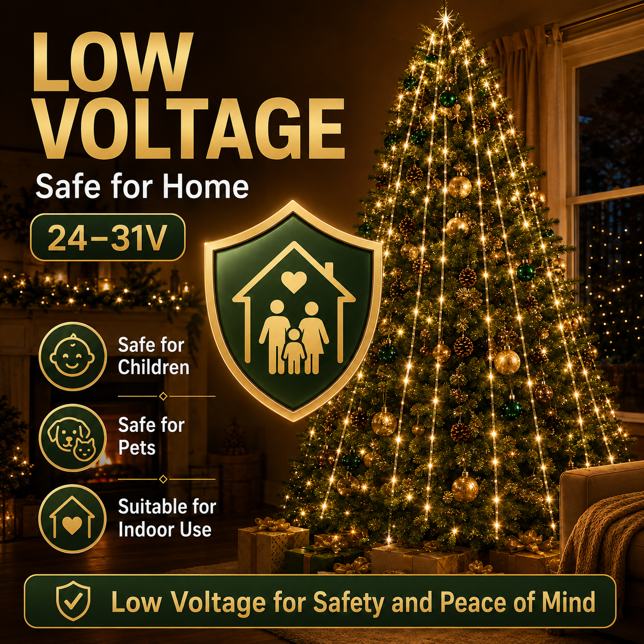 24V-31V LED Christmas Tree Waterfall Lights with Top Ring, 8 Modes Hanging String Lights for Holiday Indoor Outdoor Decoration
