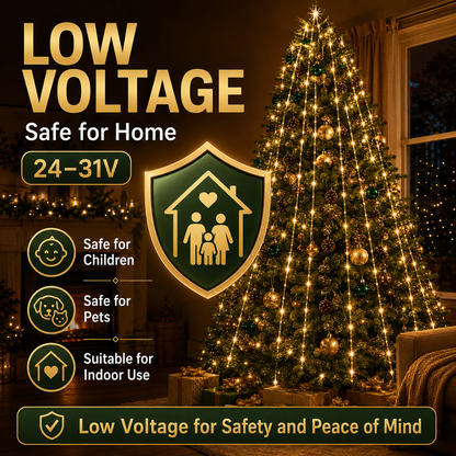24V-31V LED Christmas Tree Waterfall Lights with Top Ring, 8 Modes Hanging String Lights for Holiday Indoor Outdoor Decoration