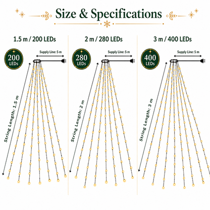 24V-31V LED Christmas Tree Waterfall Lights with Top Ring, 8 Modes Hanging String Lights for Holiday Indoor Outdoor Decoration