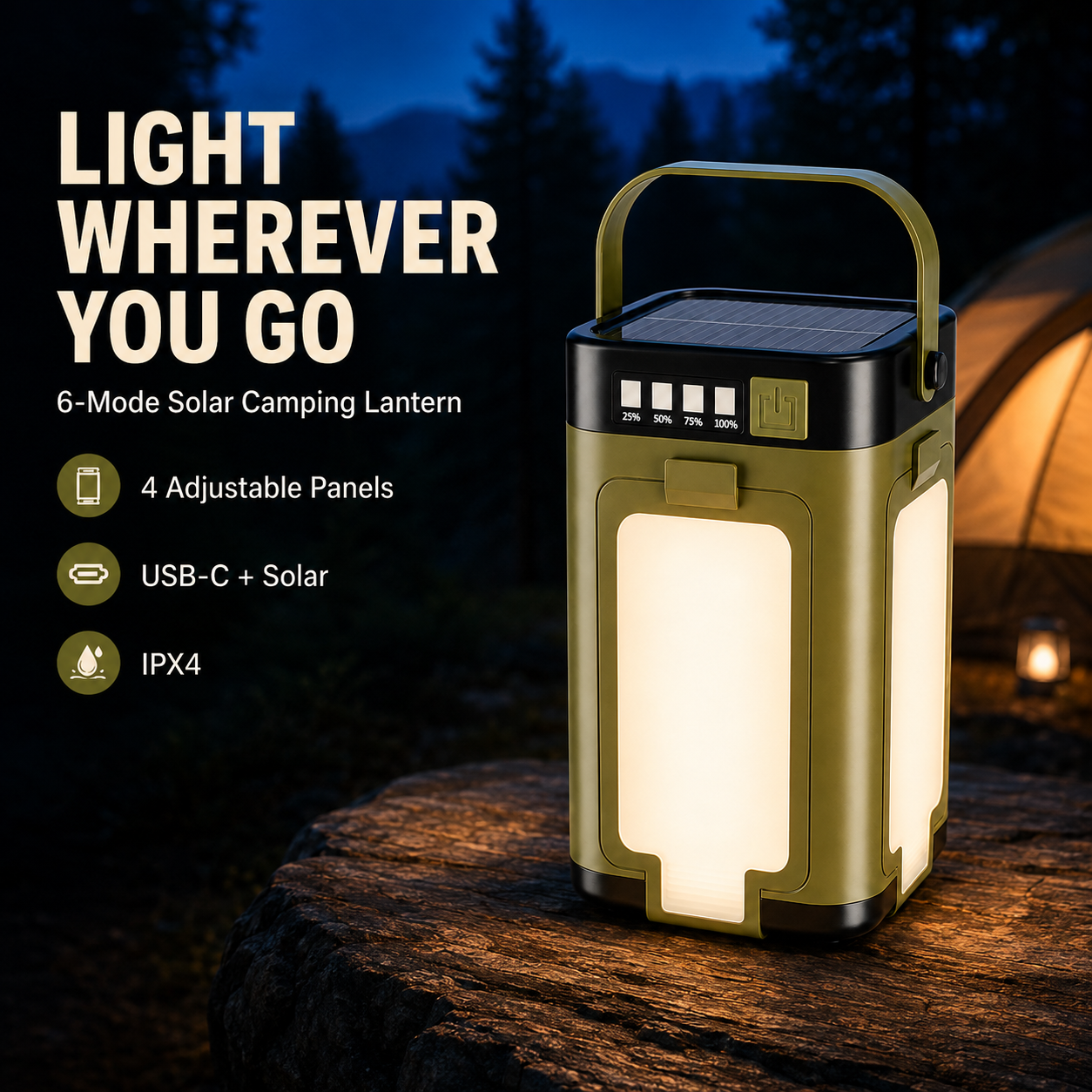 6-Mode Solar Camping Lantern with Adjustable Light Panels