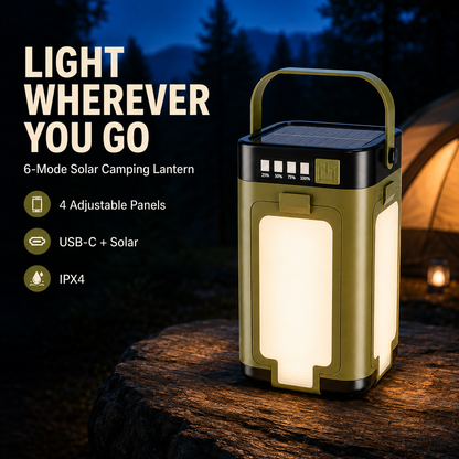 6-Mode Solar Camping Lantern with Adjustable Light Panels