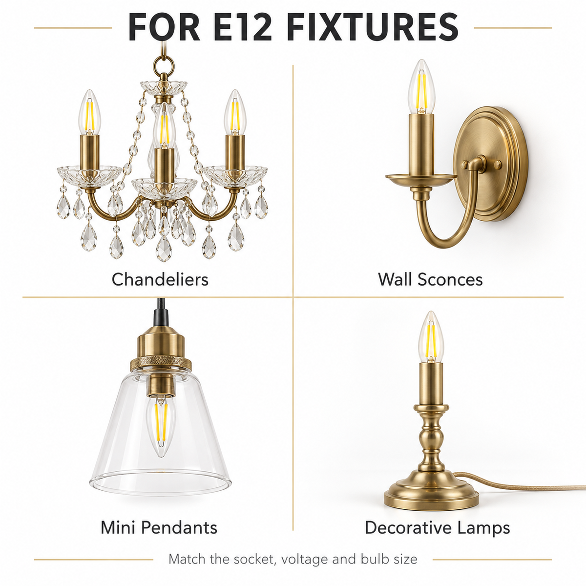 E12 LED Filament Bulb COB Glass Candle Light Vintage Lamp for Chandelier Candelabra