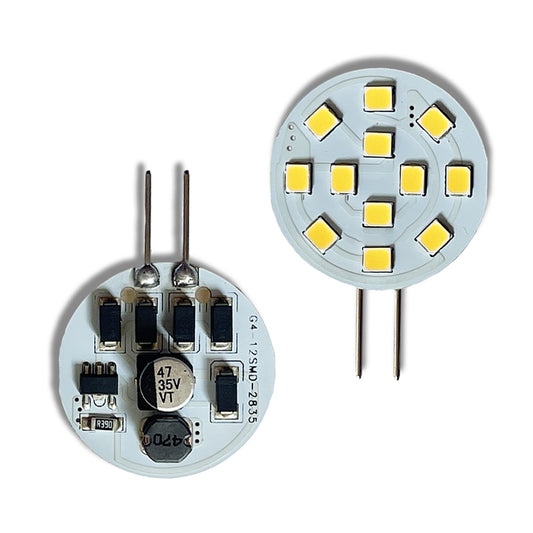 Ningbo Foroureyes Electric Co Ltd G4 LED Bulb round PCB with multiple LED chips and exposed two pin base front and back view