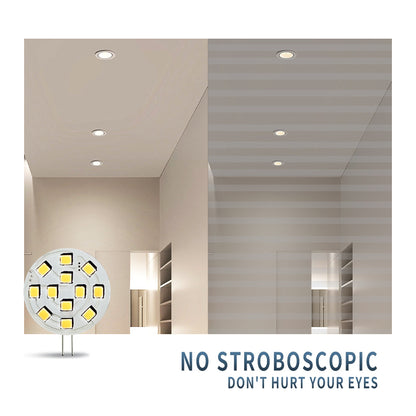 G4 LED Bulb bi pin lamp with visible LED chips shown next to recessed ceiling lights demonstrating no stroboscopic flicker
