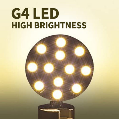G4 LED Bulb close up of circular high brightness pin base LED array glowing warm white light