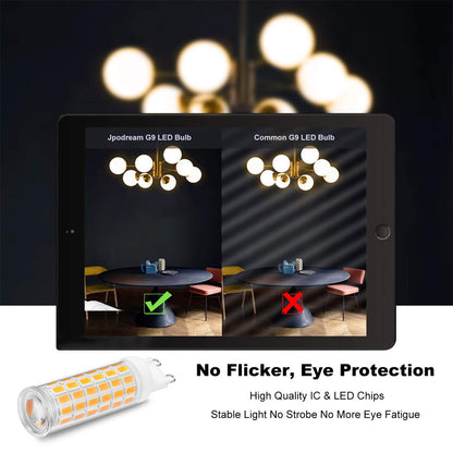 Comparison of Jpodream G9 LED Bulb with common G9 LED Bulb highlighting no flicker and eye protection