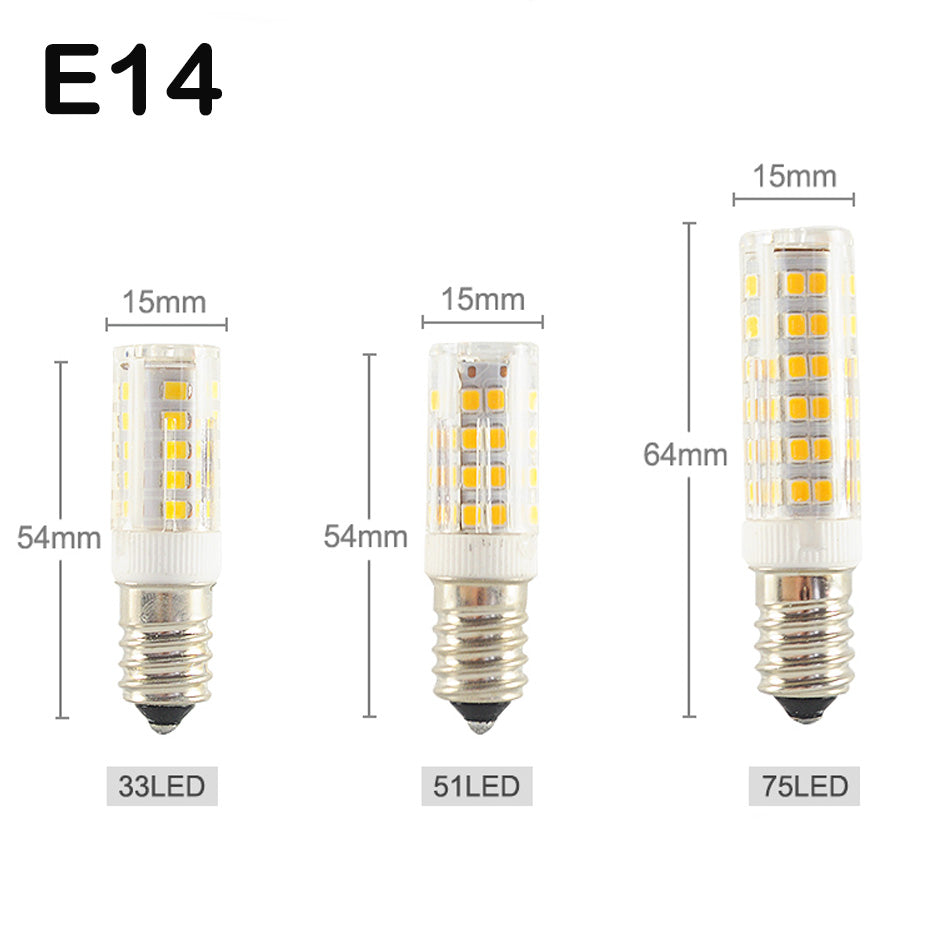 Three E14 LED bulbs with 33, 51, and 75 LEDs showing size dimensions from Ningbo Fuaisi Electric Appliance Co. G9 LED light bulbs