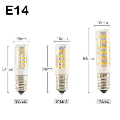 Three E14 LED bulbs with 33, 51, and 75 LEDs showing size dimensions from Ningbo Fuaisi Electric Appliance Co. G9 LED light bulbs