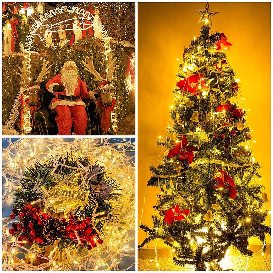 Outdoor LED Christmas Lights decorating a Christmas tree, wreath, and festive Santa display with reindeer