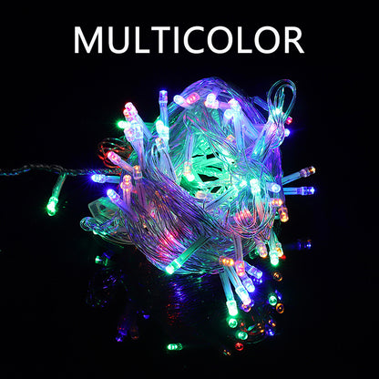 Multicolor Led Christmas Lights bundle glowing with bright outdoor lighting effects on black background