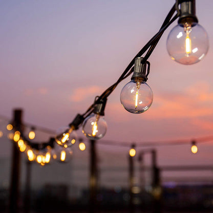 Ningbo Foroureyes Electric Co LED Globe String Lights illuminating an outdoor space at sunset