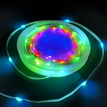 Colorful LED String Lights on a spool, perfect for outdoor decorations and lighting