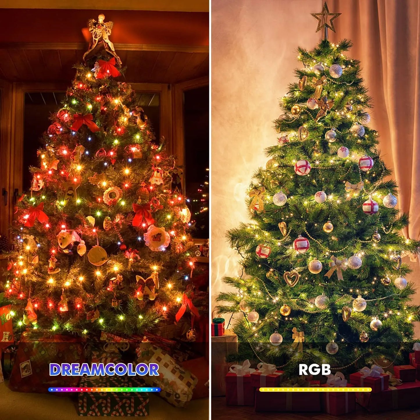 Colorful LED String Lights illuminating a Christmas tree with decorations and gifts for festive ambiance