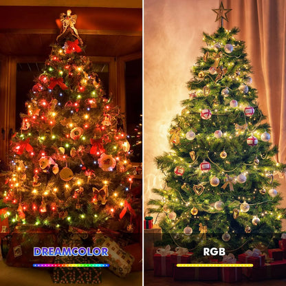 Colorful LED String Lights illuminating a Christmas tree with decorations and gifts for festive ambiance