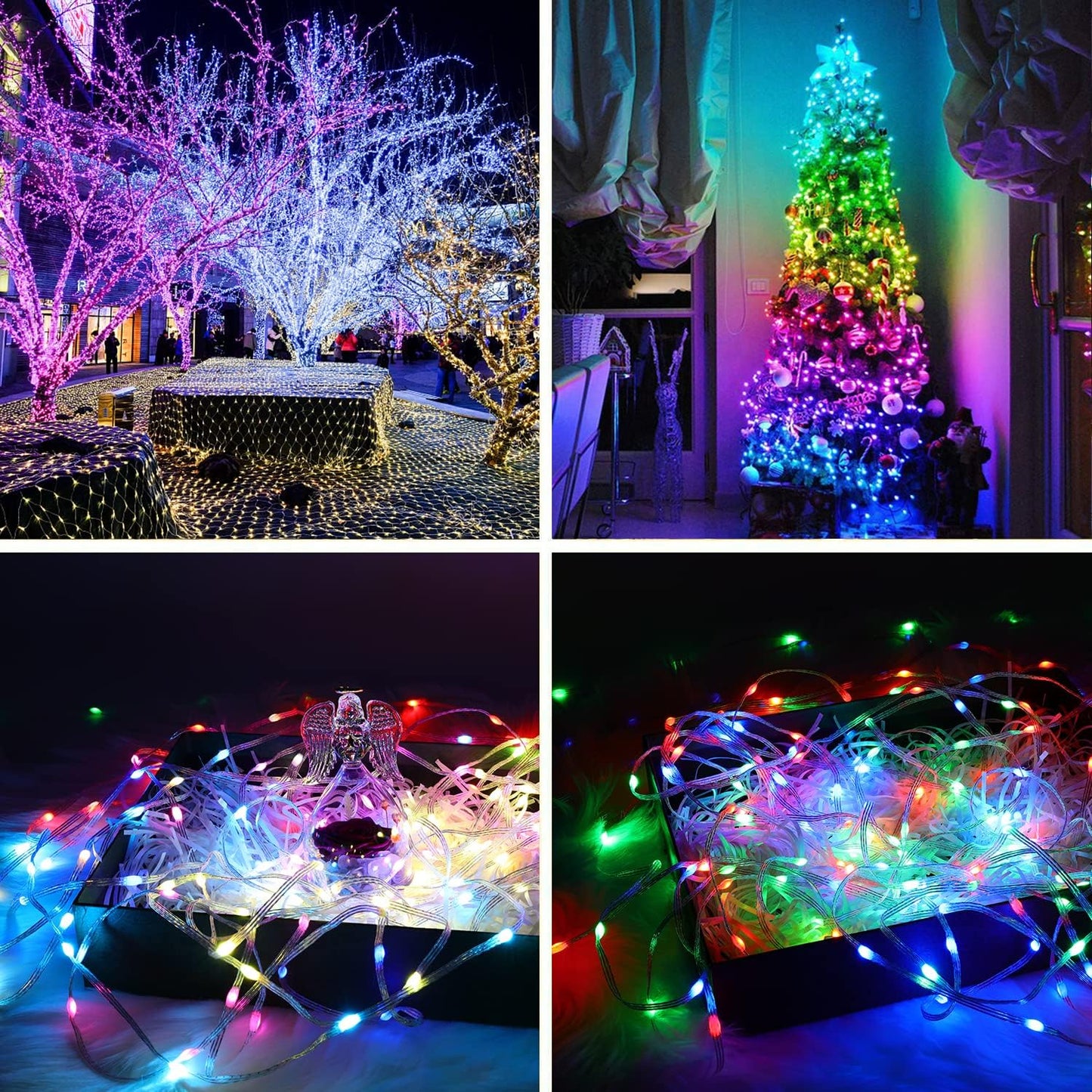 Colorful LED String Lights illuminating trees and indoor decorations for festive outdoor and indoor settings
