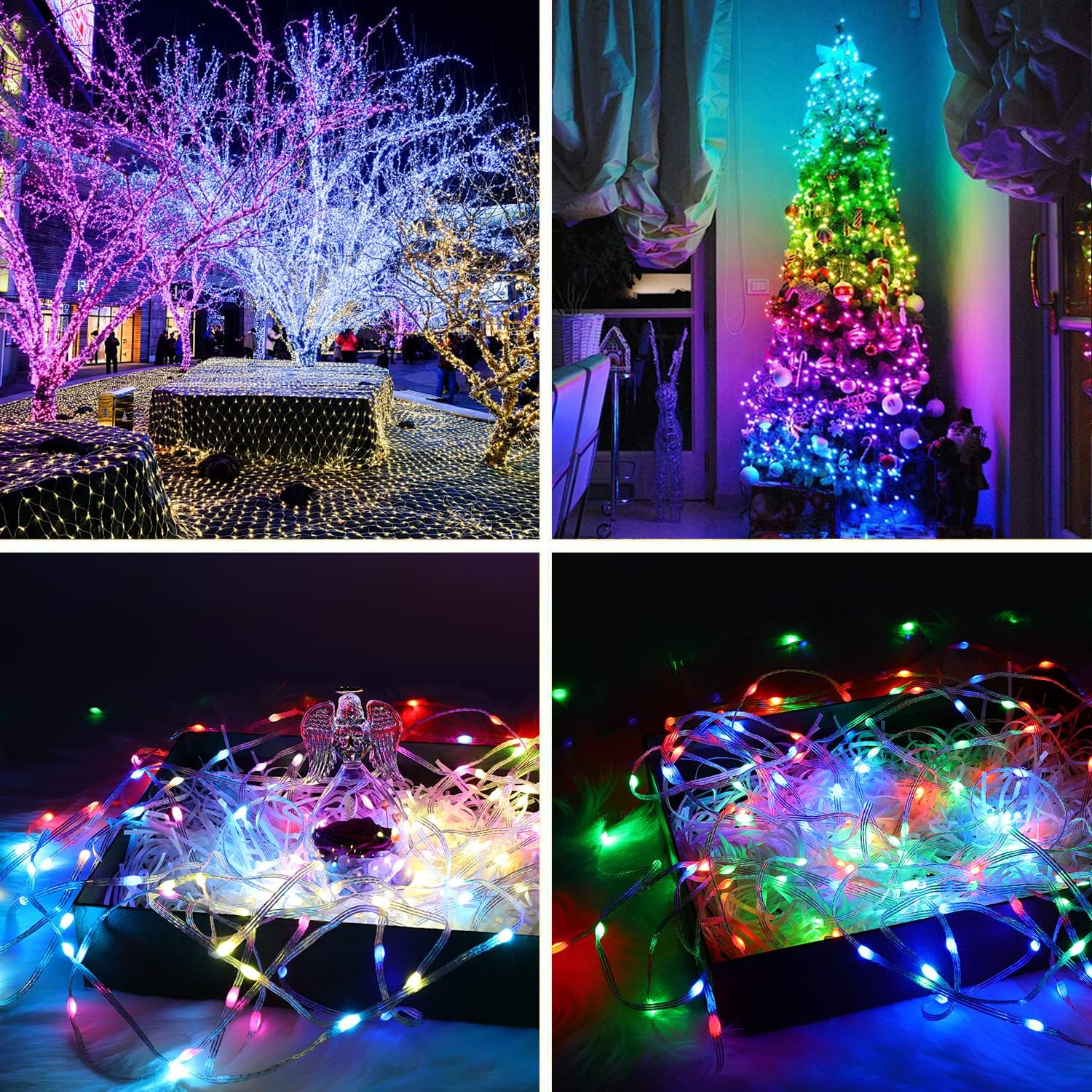 Colorful LED String Lights illuminating trees and indoor decorations for festive outdoor and indoor settings