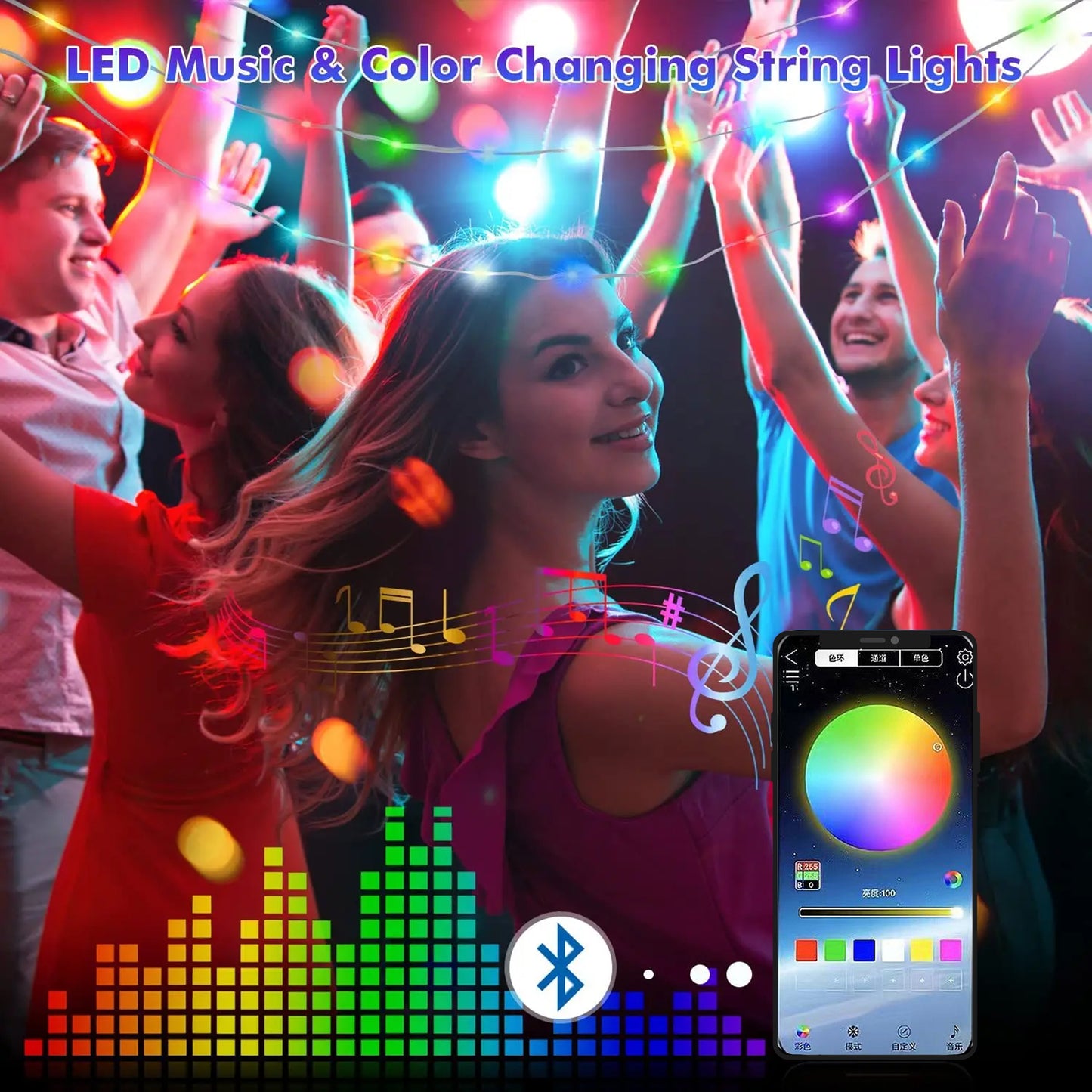 LED String Lights with Bluetooth Control for Music and Color Changing Effects at Parties