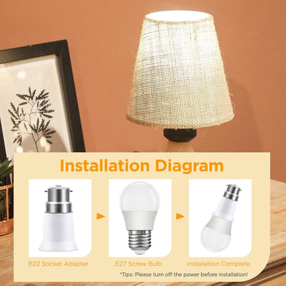 B22 to E27 Light Bulb Adapter Converter shown with lit table lamp and installation diagram for easy fitting