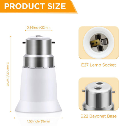 B22 to E27 Light Bulb Adapter Converter white and silver lamp holder with dimensions showing E27 socket and B22 bayonet base