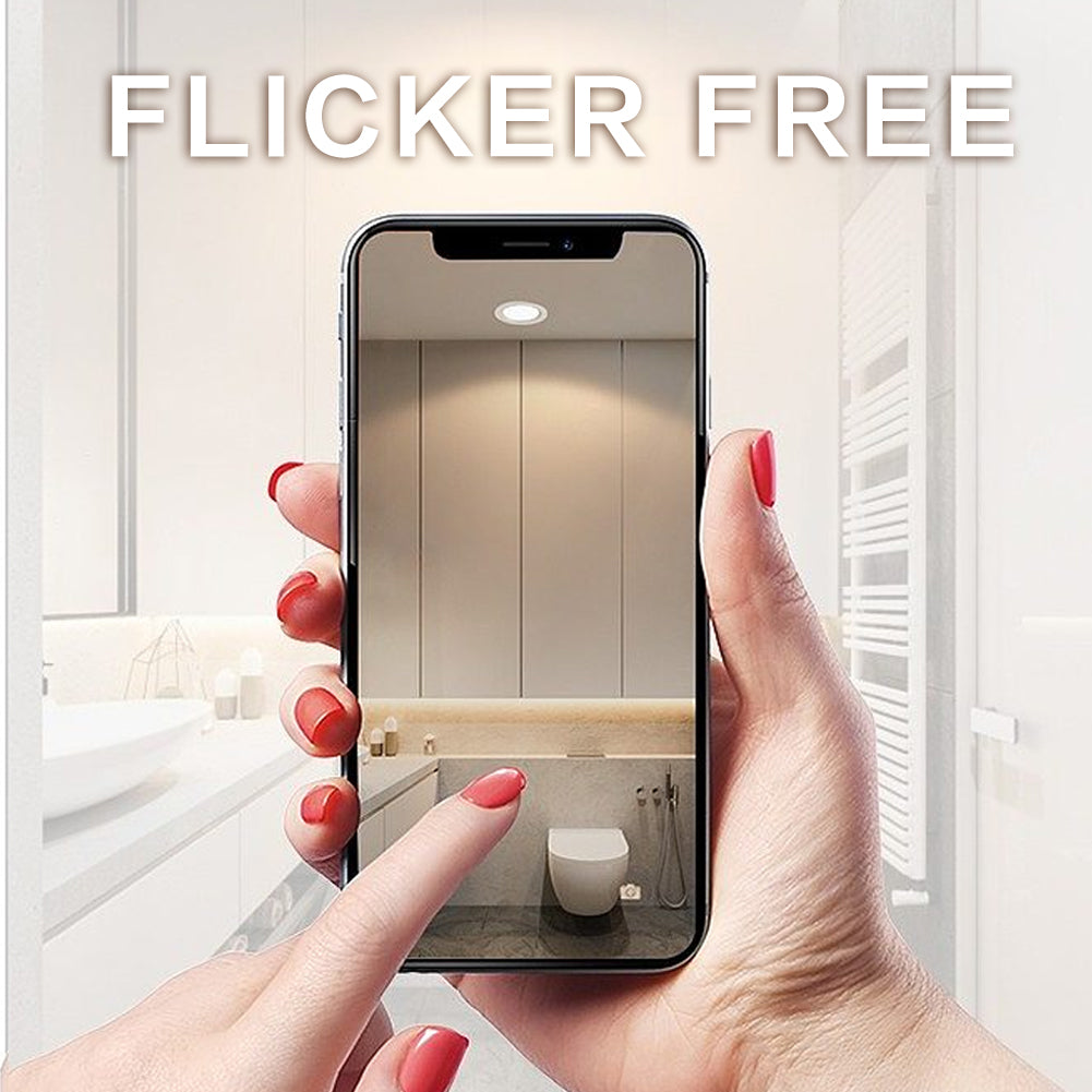 Modern bathroom setting featuring a MR16 LED Bulb with flicker free technology, demonstrated on a phone