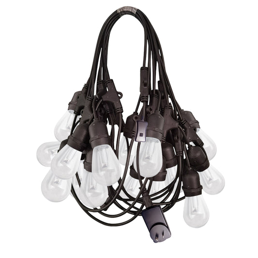 Smart outdoor string lights with multiple clear bulbs and black wiring by Ningbo Fuaisi Electric Appliance