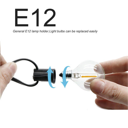 Hands demonstrating E12 lamp holder for Solar Fairy Lights, showing easy bulb replacement