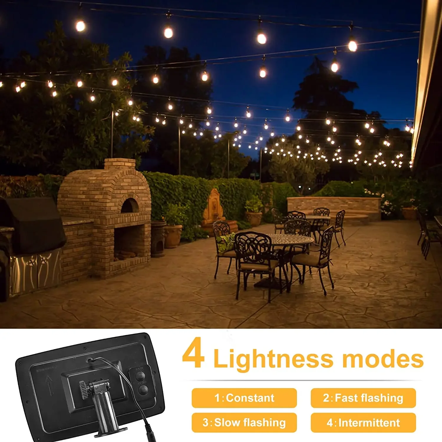 Solar Fairy Lights with four lightness modes illuminating a patio and outdoor dining area