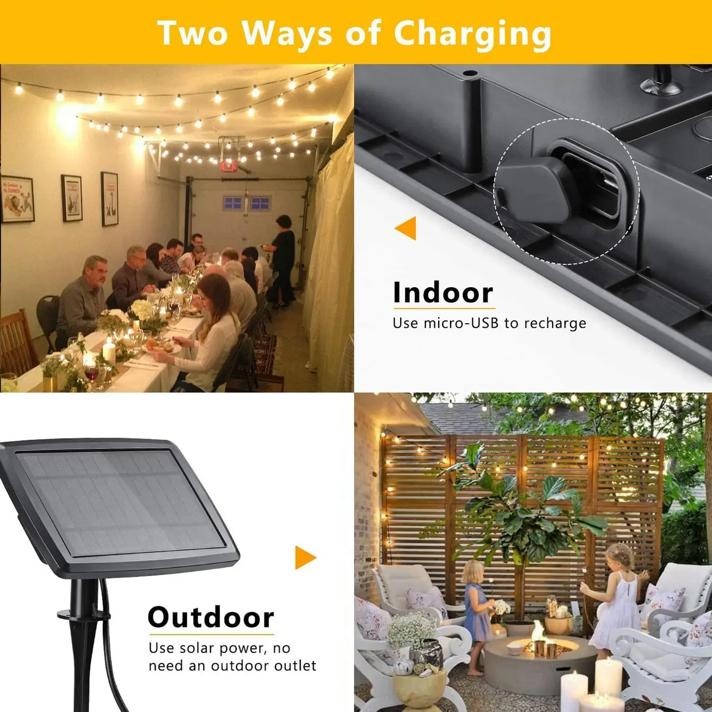 Solar Fairy Lights with two charging options for indoor and outdoor use, ideal for festive decorations