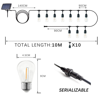 Solar String Lights 10 meters long with 10 vintage bulbs for outdoor decoration and ambiance