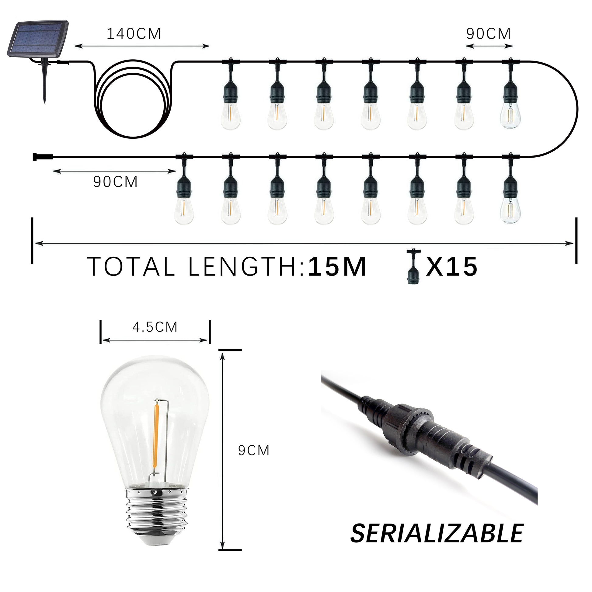 Solar String Lights with 15 meters of light bulbs, perfect for outdoor decoration and energy-efficient use
