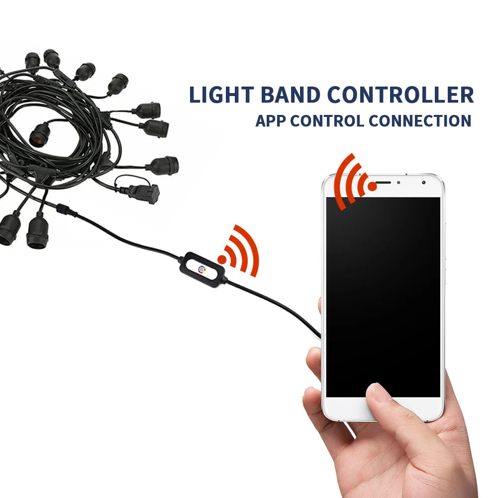 Tuya controller light band adapter with app control connection shown with smartphone and LED light strip