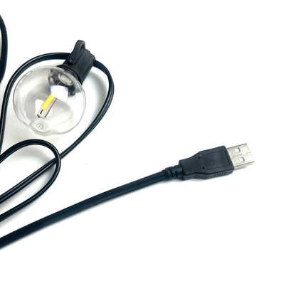 USB powered camping string lights with clear bulb and black cable for outdoor lighting