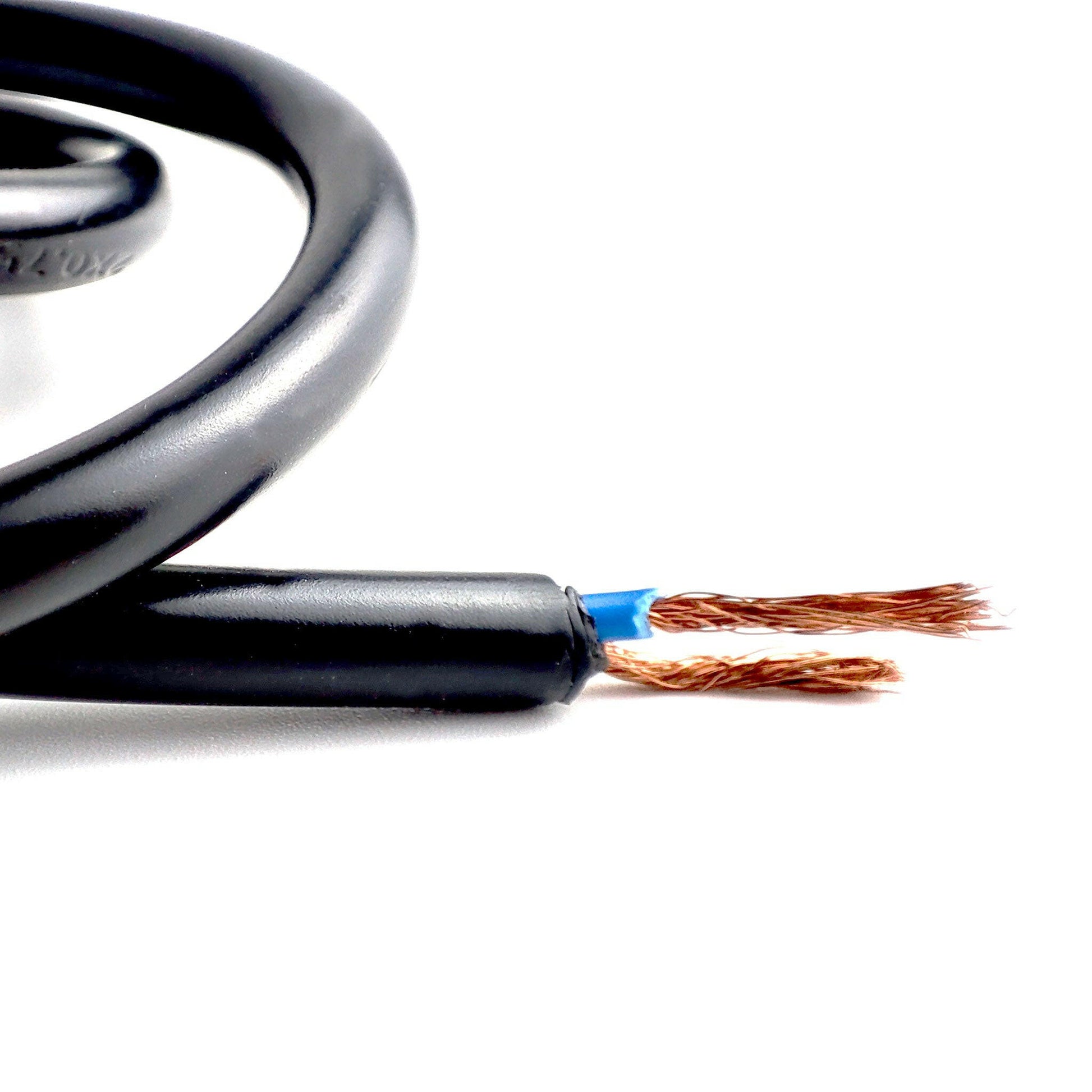 Close-up of black electrical wire with exposed copper strands for commercial waterproof string lights