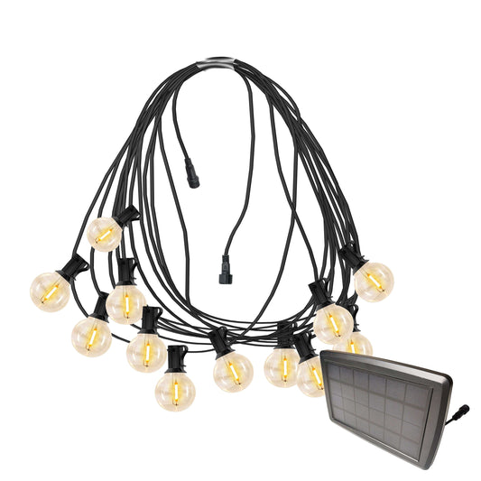 Outdoor solar lights string with multiple warm bulbs and solar panel for energy-efficient outdoor lighting