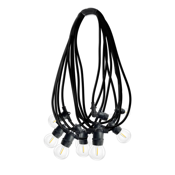 Waterproof LED string lights with black wiring and round bulbs for outdoor lighting